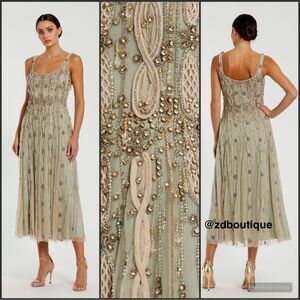 MAC DUGGAL 10078 Green Embellished Mesh Sleeveless Scoop Neck Midi Dress